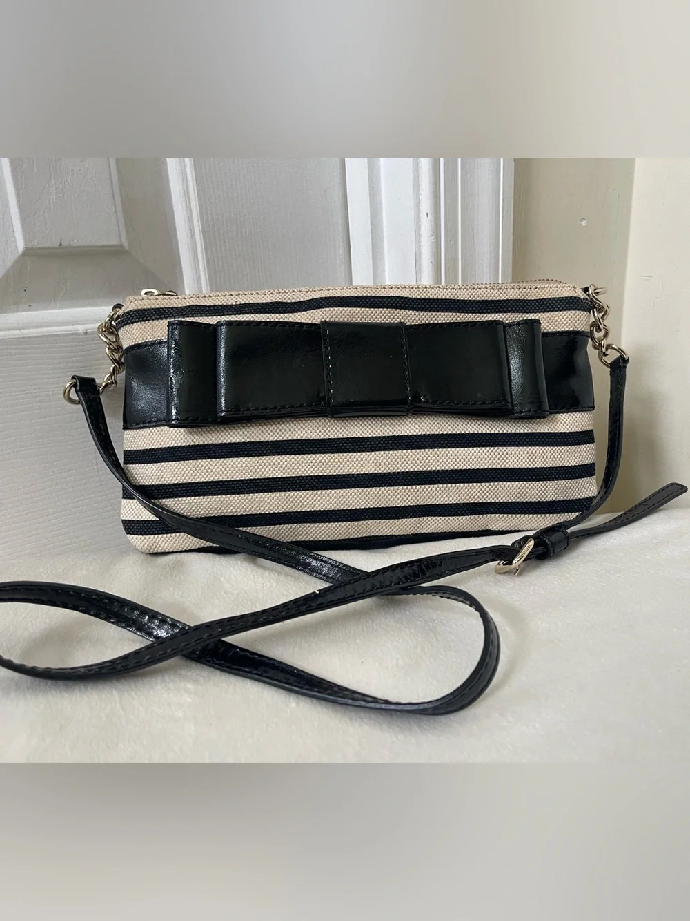 kate spade Black and Cream Striped Crossbody with Bow Detail